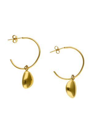 Arany karika fülbevalópár, amelyeken mindegyik karikáról egy-egy szabálytalan alakú ovális medál lóg, fehér háttéren.