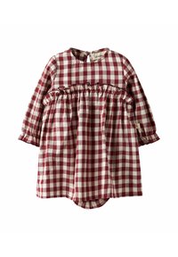 Vestido de cuadros rojos y blancos con mangas largas, cuello redondo, detalles de volantes en la cintura y un dobladillo curvado para un ajuste holgado.