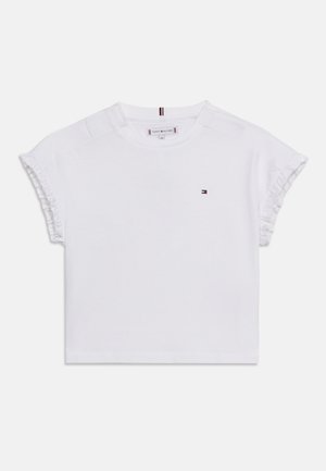 Λευκό κοντομάνικο T-shirt με βολάν στις άκρες των μανικιών και μικρό λογότυπο Tommy Hilfiger στην αριστερή πλευρά του στήθους.