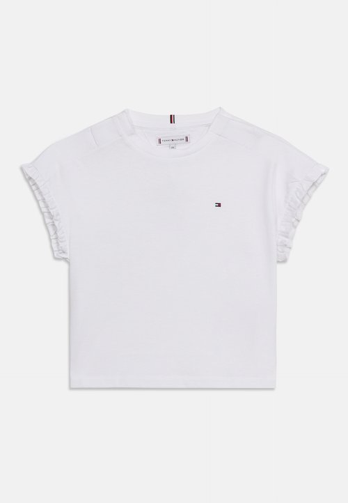 Λευκό κοντομάνικο T-shirt με βολάν στις άκρες των μανικιών και μικρό λογότυπο Tommy Hilfiger στην αριστερή πλευρά του στήθους.