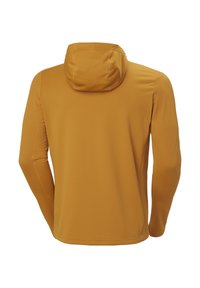 Žlutý dlouhý rukáv s kapucí z hořčicové barvy zobrazený zezadu, s přiléhavým střihem a viditelnými detaily švů.