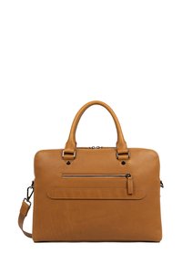 Braune Ledertasche mit zwei Griffen, einem abnehmbaren Schultergurt und einer äußeren Reißverschlusstasche. Glatte Textur und minimalistisches Design.