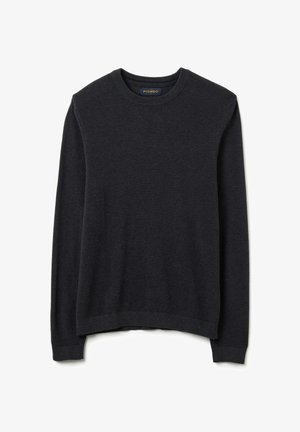 Maglione grigio scuro a maglia con scollo rotondo, maniche lunghe e polsini e orlo a coste, caratterizzato da una superficie testurizzata e un'etichetta sul collo.