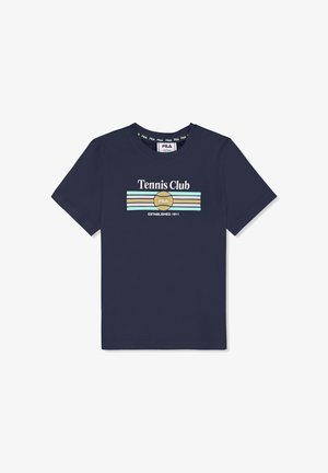 T-shirt a maniche corte blu navy con scritta "Tennis Club", grafica di una palla da tennis e strisce orizzontali in beige e azzurro.