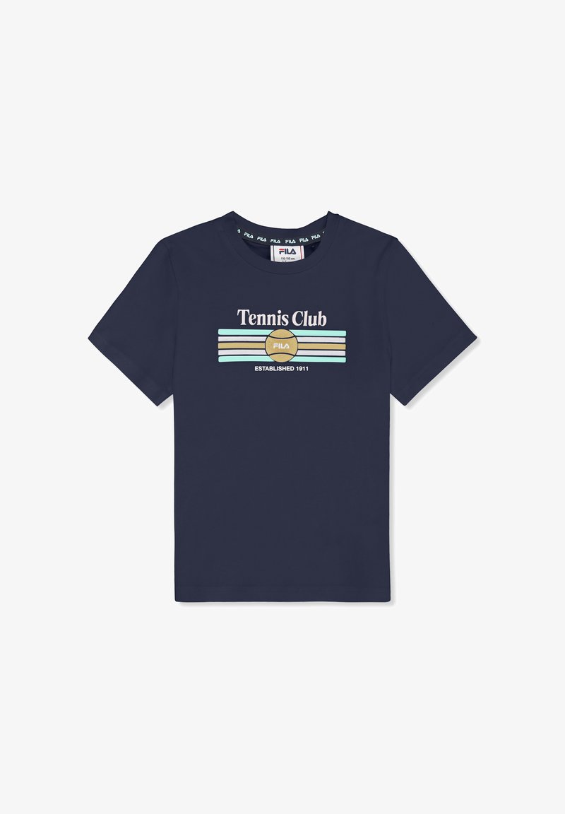 Camiseta de manga corta azul marino con texto "Tennis Club", un gráfico de una pelota de tenis y rayas horizontales en beige y azul claro.
