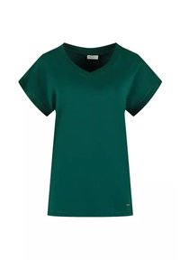 Ciemnozielona koszulka krótki rękaw z dekoltem w kształcie litery V oraz luźnym krojem, prezentowana na jednolitym białym tle.
