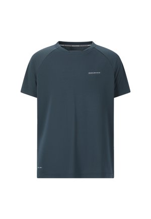 Kortärmad t-shirt med rund hals i mörkblått, tillverkad av fuktavledande tyg med en subtil logotyp på framsidan. Slät textur.