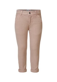 Rosa Baumwollhose mit strukturiertem Finish, ausgestattet mit einem Bund, einem Five-Pocket-Design und umgeschlagenen Säumen für einen figurbetonten Look.