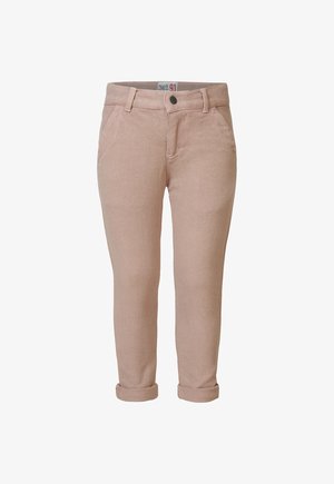 Pantalons en coton rose avec une finition texturée, dotés d'une taille élastique, d'un design à cinq poches et de poches retroussées pour un look ajusté.