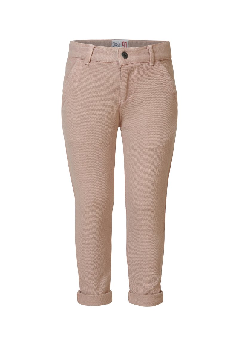 Pink cotton trousers with a textured finish, featuring a waistband, five-pocket design, and rolled cuffs for a fitted look.