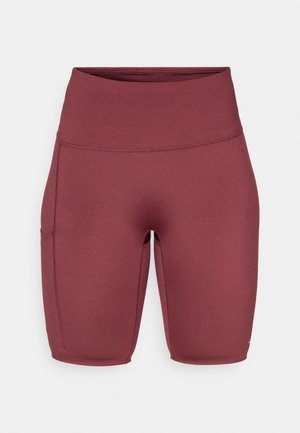 Burgundy high-waisted shorts with a smooth, stretchy fabric. Features a side pocket and a fitted design, suitable for activewear.