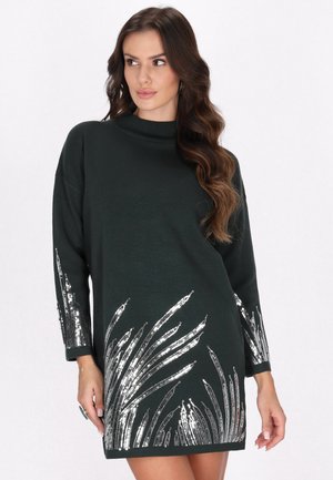 Dunkelgrünes gestricktes Kleid mit hohem Kragen, das silberne Pailletten in blattähnlichen Mustern an den Ärmeln und dem Saum aufweist. Lange Ärmel, lockere Passform.