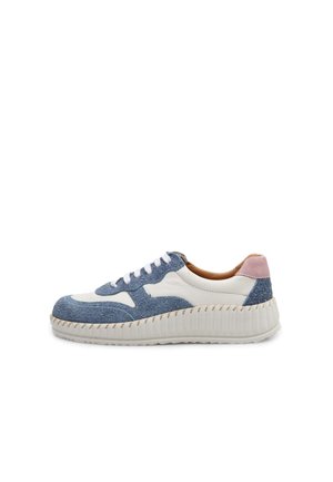 Sneaker with blue suede and white leather upper, pink accent at heel, thick white sole with textured pattern, and white laces.