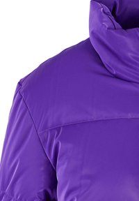 Fioletowa kurtka z ociepleniem, z wysokim kołnierzem, gładką teksturą i subtelnymi detalami szwów. Materiał wydaje się błyszczący i lekki.
