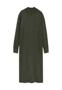 Robe en maille vert olive avec un col montant, des manches longues et des poignets côtelés. La coupe est ample avec un ourlet droit.