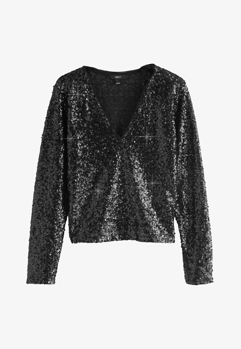 Top lungo nero a maniche lunghe con scollo a V, ricoperto di paillettes per un aspetto texturizzato e scintillante; taglio cropped con una silhouette aderente.