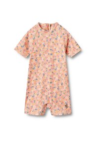 Combinaison à manches courtes en rose pastel avec un motif floral. Fabriquée en tissu doux, elle présente un col rond et une fermeture éclair à l'arrière pour un enfilage facile.