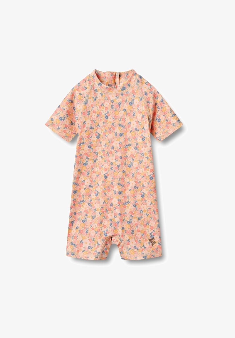 Kurzärmliger Jumpsuit in Pastellrosa mit floralem Muster. Hergestellt aus weichem Stoff, verfügt über einen runden Ausschnitt und einen Reißverschluss am Rücken für ein einfaches Anziehen.