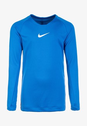 T-shirt de sport à manches longues de couleur bleu vif, fabriqué en tissu lisse et léger. Présente un swoosh blanc de Nike sur la poitrine et des manches raglan.