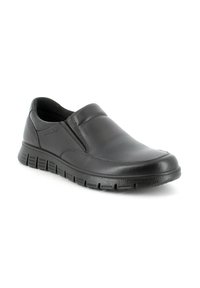 Scarpa slip-on nera in pelle liscia con punta arrotondata. Presenta una suola in gomma testurizzata e accenti laterali elastici per una facile calzata.