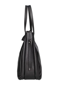 Schwarze Ledertasche mit doppelten Schulterriemen, seitlicher Reißverschlusstasche und strukturiertem Oberflächenmaterial, seitlich dargestellt.