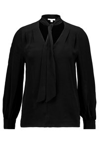 Blusa nera con design a collo legato, maniche lunghe con polsini arricciati e pieghe sottili sulle spalle, realizzata in tessuto morbido.