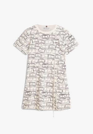 Krém rövid ujjú ruha fekete absztrakt téglamintával és vékony derékpánttal, kerek nyakkivágással.