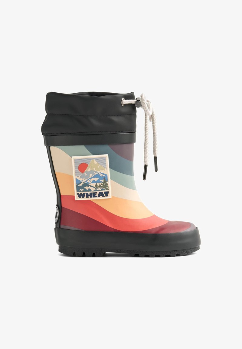 Χρωματιστό λάστιχο με οριζόντιες ρίγες σε αποχρώσεις κόκκινου, πορτοκαλί, κρέμας και τιρκουάζ. Μαύρη κορυφή με κορδόνι και γραφικό βουνό.