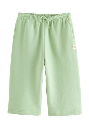 Pantaloni shorts in felpa di colore verde chiaro, di lunghezza al ginocchio, realizzati in tessuto morbido, con cintura elastica e cordoncino, e tasche laterali.