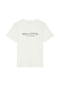 Hvid bomulds T-shirt med sort tekst "Marc O'Polo EST. I STOCKHOLM" centreret på fronten. Korte ærmer og rund halsudskæring.