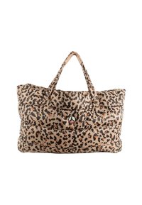 Shopper met luipaardprint en een gevoerde textuur, in beige en zwart, met twee stevige handvatten en een rond logo aan de voorkant.