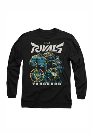 Black long-sleeve t-shirt featuring Marvel characters with a graphic print that includes "RIVALS" and "VANGUARD" in white and gold accents.