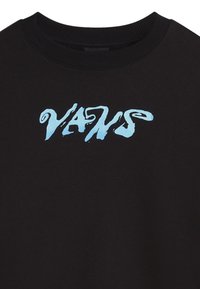 Sudadera negra con el logo "VANS" en azul claro, con una fuente de estilo graffiti fluido. Cuello redondo acanalado y textura de tela suave.