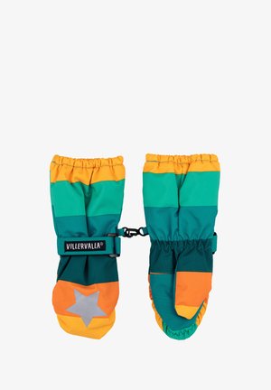 Farverige børnevotter i grøn, orange og gul med en stjerneaccent. Har elastiske manchetter og en forbindelsesrem for nem opbevaring.