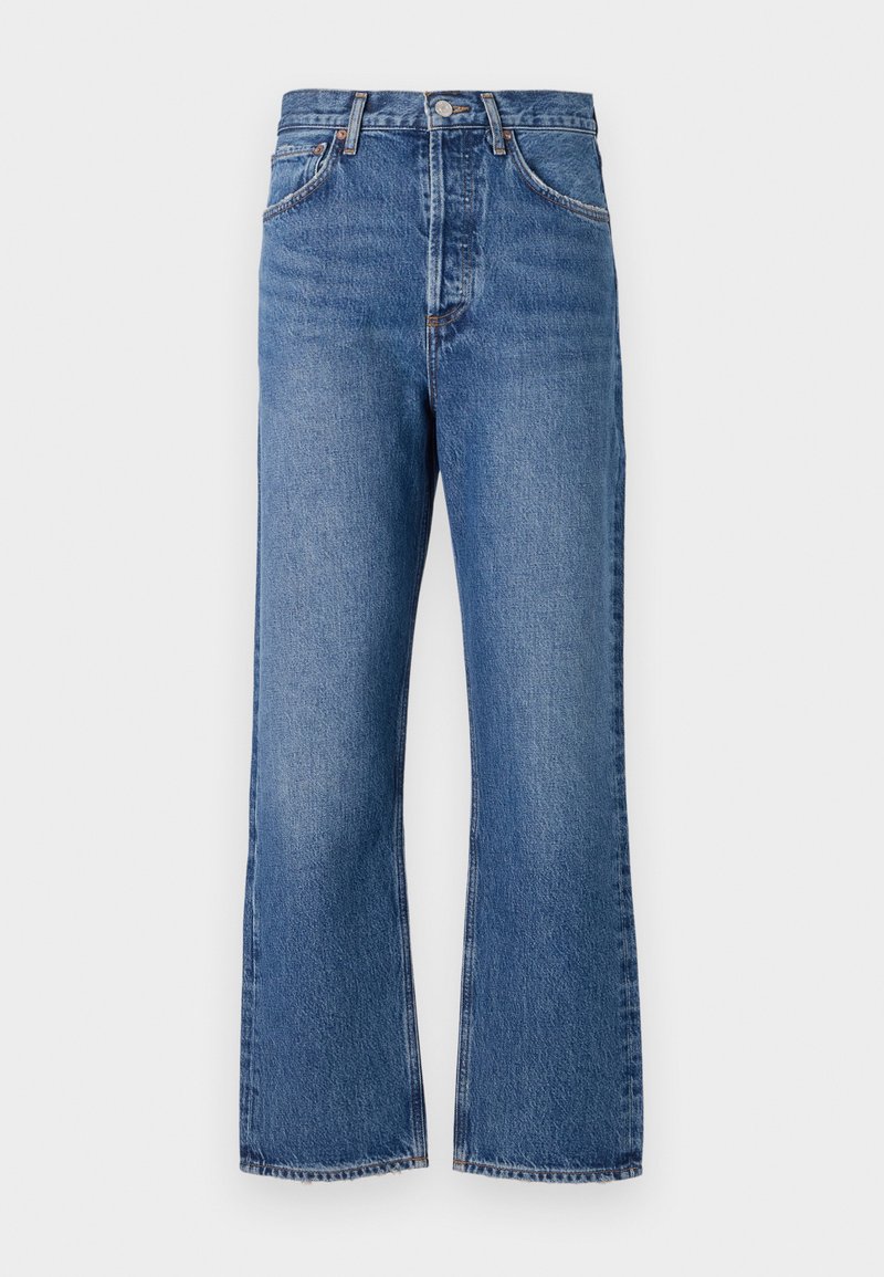 High-waisted blue denim jeans with a straight leg design, featuring five pockets and subtle fading. Classic button closure and stitching accents.