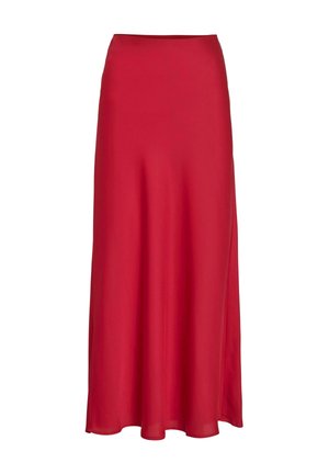 Red satin maxi skirt with a smooth texture, high waist, and a flowing silhouette that gently drapes to the floor. No visible patterns or accents.