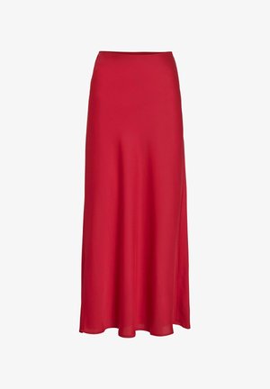 Red satin maxi skirt with a smooth texture, high waist, and a flowing silhouette that gently drapes to the floor. No visible patterns or accents.