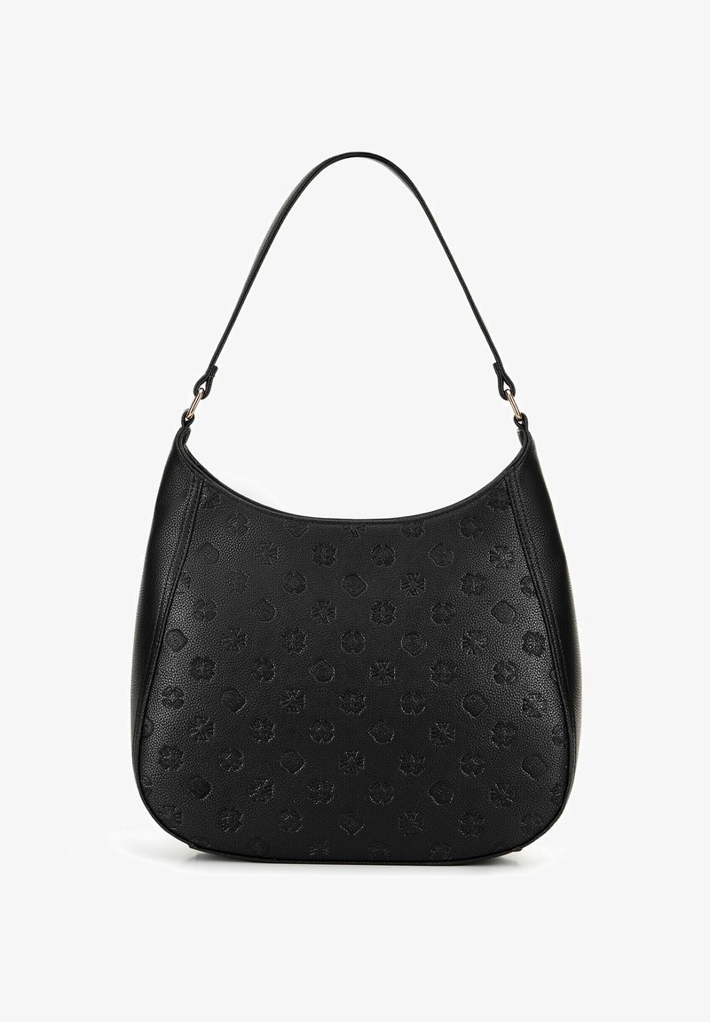 Schwarze Ledertasche mit geschwungener Form, verziert mit geprägten Blumenmustern, einer glatten Textur und einem dünnen Schultergurt.