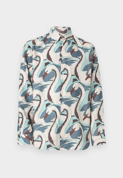 Košeľa s dlhými rukávmi na gombíky s motívom labute v tyrkysovej, hnedej a krémovej farbe na hladkej látke. Klasický golier a gombíky vpredu.