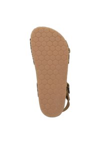 Die Sandalensohle besteht aus Gummi und hat ein strukturiertes, kreisförmiges Muster; sie ist in einem goldbraunen Farbton gehalten. Leicht gepolstert und mit einer runden Form.