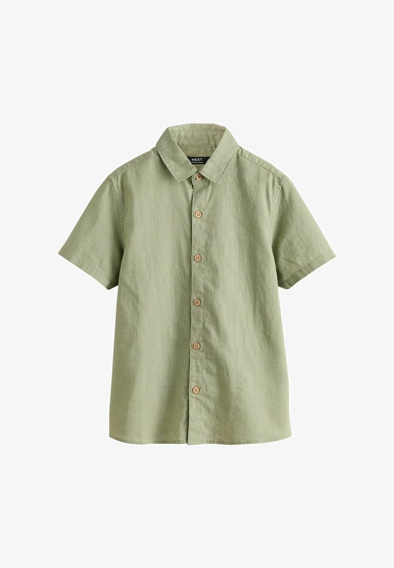 Light green short-sleeve button-up shirt with a collar and six tan buttons down the front, displayed on a white background.