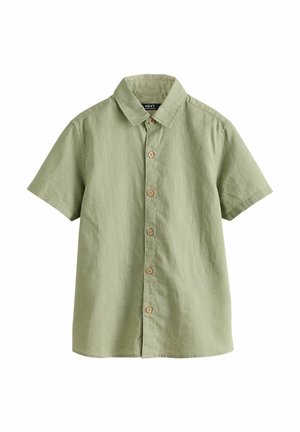 Korte mouwen, lichtgroen knoopshirt gemaakt van zachte stof, met een standaard kraag en houten knopen aan de voorkant.