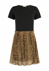 Top nero a maniche corte con gonna a pieghe in stampa leopardo nelle tonalità di marrone e beige, con bottoni decorativi sulle spalle.
