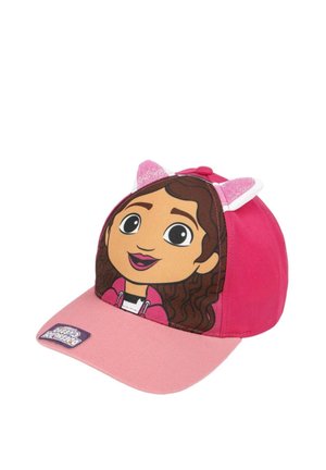 Berretto da baseball rosa per bambini con faccia di bambina dei cartoni animati sul davanti e orecchie da gatto rosa luccicanti sulla parte superiore.