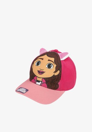 Berretto da baseball rosa per bambini con faccia di bambina dei cartoni animati sul davanti e orecchie da gatto rosa luccicanti sulla parte superiore.