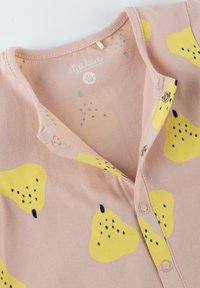 Short-sleeve, pink cotton onesie featuring yellow pear patterns, snap buttons, and a soft texture. Brand label visible inside.