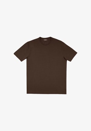 T-shirt uni marron foncé à manches courtes et col rond, posé à plat sur un fond blanc.