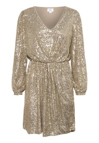 Guldpaljetterad klänning med V-ringning, långa puffärmar och insydd midja. Har en texturerad yta skapad av reflekterande paljetter.