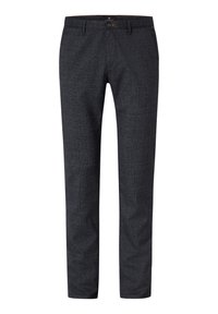 Navy blue tailored trousers made from textured fabric, featuring a subtle check pattern, straight cut, front pockets, and a button closure.
