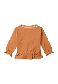 Pomarańczowa, prążkowana bluzka z długim rękawem, z peplum u dołu, okrągłym dekoltem i ozdobnymi guzikami na ramieniu, z marszczonymi rękawami z falbanami.